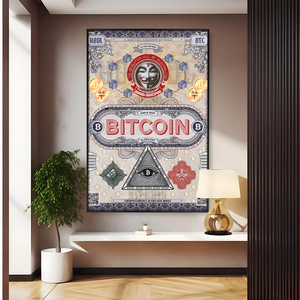 Tablou canvas cu ilustratie digitala cu tema bitcoin si criptomonede, in rama de aluminiu negru